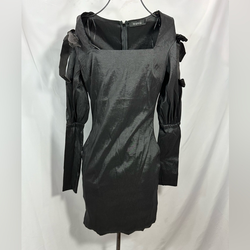 naanaa black taffeta long sleeve mini dress with velvet shoulder ties size 6